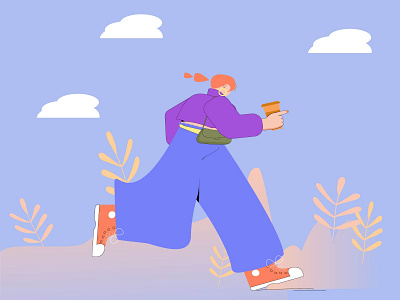 A girl running with a coffee flat vector illustration