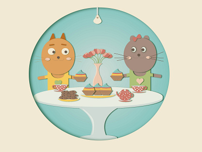 Cute cats drinking tea paper cut out effect vector illustration