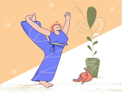 Flat vector illustration a girl doing yoga with a cat