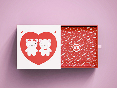 Valentine's Day gift box with love pattern and cute bear couple) bear box branding cute design gift graphic design heart illustration kawai love package packaging party red valentines day vector wrapping paper