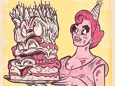 Have Your Cake & Eat It! birthday cake halftone old school pink pulp retro yellow