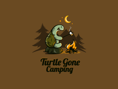 Turtle Gone Camping camp camping cartoon character design fire forest illustration logo night turtle woods