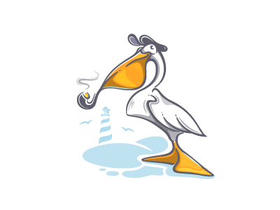 Pelican bird cartoon character design illustration lighthouse logo pelican sailor sea smoke pipe
