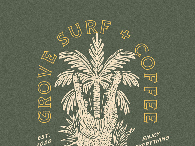 Grove Surf & Coffee apparel badge badge design beach design coffee crocodile design hand drawing illustration logo merch merchadise surf tropical design tshirt tshirt design