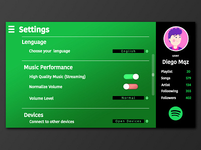 Daily UI 07 app cover dailyui green music page setting spotify