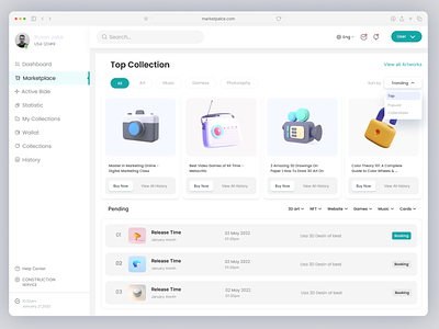 Future related 3D art Marketplace, the Dashboard layout