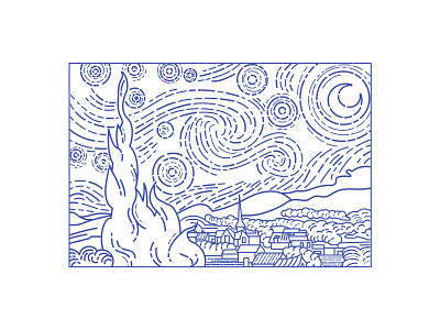 Starry Night famous artworks illustration line drawing rebound starry night van gogh vector