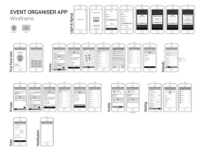 Event Organizer App app blue print chart event flow icon map organizer profile search wire wireframe