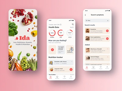 IDA: Iron-Deficiency Anemia Nutrition & Symptoms Tracker App anemia app design health healthcare iron deficiency medical mobile mobile app mobile app design mobile ui nutrition symptoms tracker tracker ui ui design user experience user interface uxui uxui design visual design