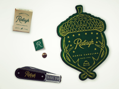 Raleigh Patch, Knife, Pin, & Matches branding icon identity lettering logo mark nc patch raleigh rebrandraleigh script type