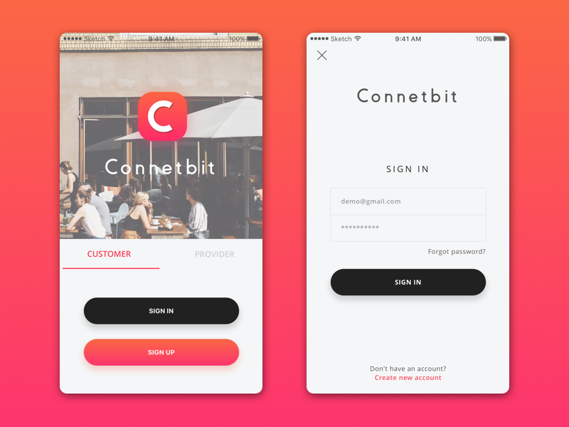 Connect Bit singup login icoderz design media social iphone ios android app mobile ux