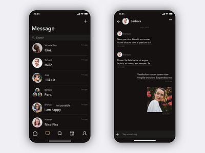 Dark Chat Ui Design android app black chat chat app clean color design digital icoderz ios message minimal mobile picfy shadow social tyography ui ux