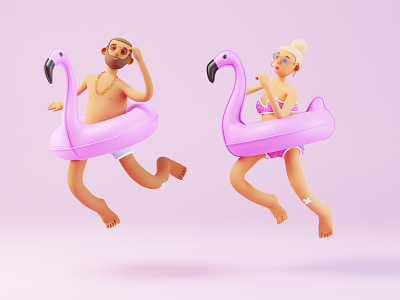 3d characters at the summer beach. 3d 3d character blender design flamingo illustration resort sea summer tourism