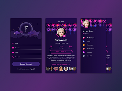 Fans & Artists app artist celebrity dark login menu music network profile purple social ui