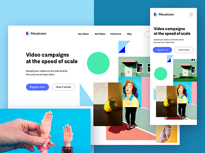 Mosaicoon for Brands brand identity color landing page layout mobile app shapes web design