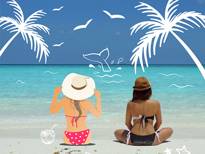Two women on the beach beach beach postcard cartoon girls in swimsuits ocean photo with cartoon elements sea vacation vector