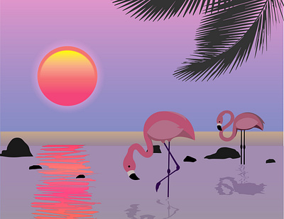 Pink sunset and flamingo flamingo flat natural pink sunset vector wild