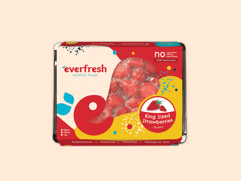Everfresh Sleeve Design (FINAL) bold colorful cute design flat design frozen fruits fruits happy healthy joy logo minimal natural packaging sleeve design sticker