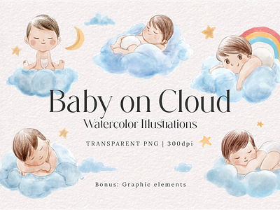 Baby on Cloud baby baby announcement baby birthday baby illustration baby on cloud cloud clouds illustration illustrations kids moon rainbow sleeping baby star toddler watercolor