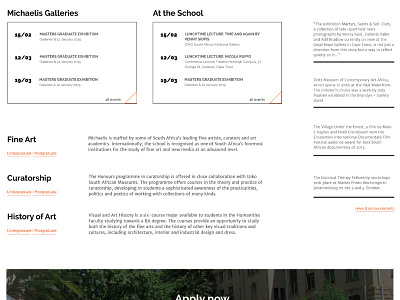 Detail of home page for art school artschool education webdesign