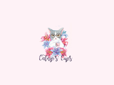 CuteCat and cup tea feminine logo branding cat feminine flower illustration flower logo illustration logo watercolor