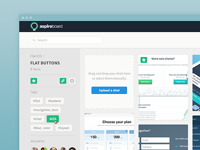Web App - Aspireboard app blue boards button drag flat green light search tags ui web