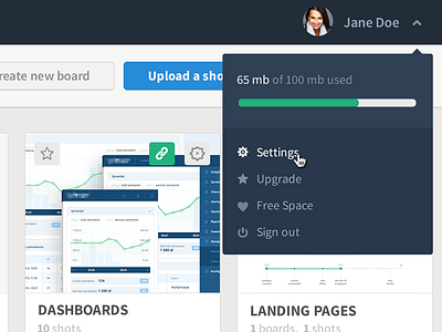 Drop-down board button dashboard drop down link panel settings sign out ui upgrade user