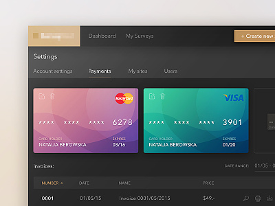 Dashboard (WIP) app card credit dashboard design settings table ui ux web