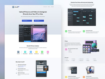 Gramblr - landing page button color features home icon landing one page schedule works