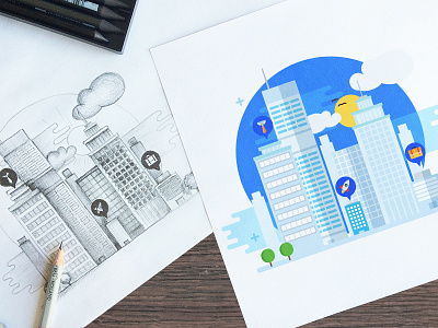 Big city life buildings city draw illustration minimal paper pencil sketch startup