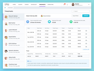 Timesheet app button date list table timesheet total ui ux web