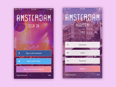 Register and Social Sign In Screen amsterdam homescreen ui user interface ux