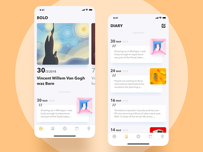 "Bolo" Diary UI app card daily date diary illustration interface iphone list mobile ui uidesign ux