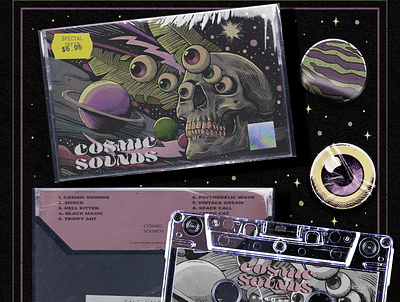 Cosmic Sounds 80s 90s cassette classic cosmos illustration mockup music retro scifi sound vintage