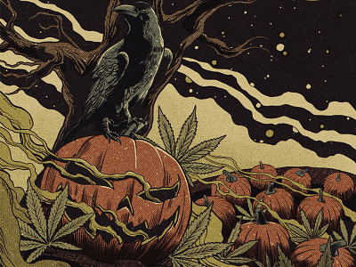 Halloween patch cannabis comics crow halloween hemp illustration moon night pumpkin raven retro smoke vintage weed