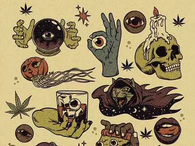 Halloween stickers for High Times Magazine cannabis halloween hemp illustration magazine monster pumpkin retro skull sticker terror vintage