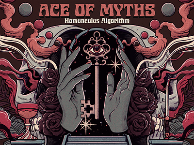 Ace of Myths album althar chalice cover hands key music portal retro skull smoke stairs sword vintage