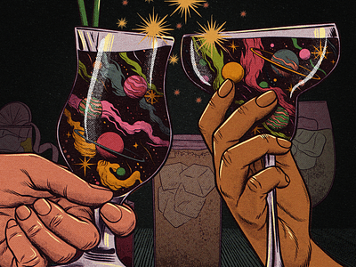 Cheers cheers cocktail comics cosmos drawing drink hands illustration magazine planets space texture