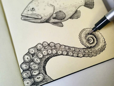 Octopus bw copic doodle handmade illustration ink moleskine octopus