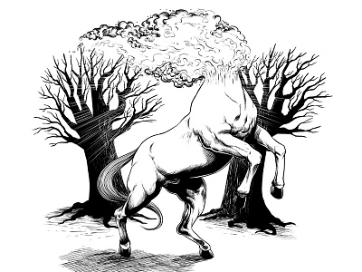headless mule dark darkness fire headless horse illustration ink monster mule tree