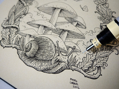 Snail doodle flowers hand made ink mushroom nature sketch snail