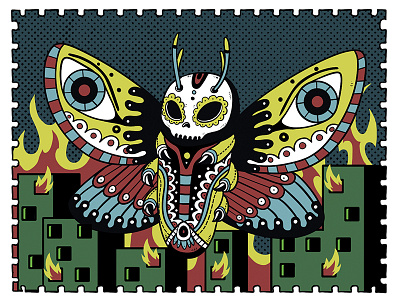 Apocalypse buildings butterfly city fire hell illustration ink moth oldschool sticker tattoo
