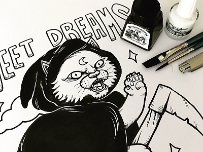 Sweet Dreams brush cat copic death dream hand made illustration ink muerte
