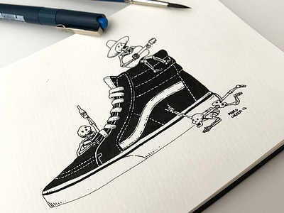 Los 3 amigos illustration ink inktober inktober2017 moleskine skate skate8 skeleton skull vans