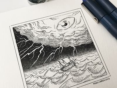 Storm clouds doodle eye eyes illustration ink inktober ocean sea ship sketch waves