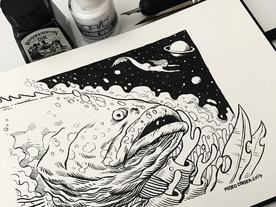 Space siren fish illustration ink mermaid moleskine ocean saturn sea siren space