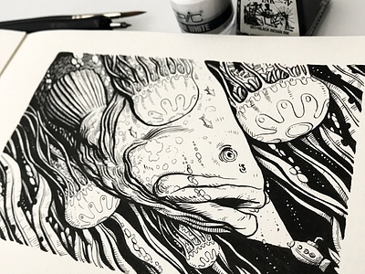 Get out! fish fishing handmade illustration ink jellyfish ocean sea submarine