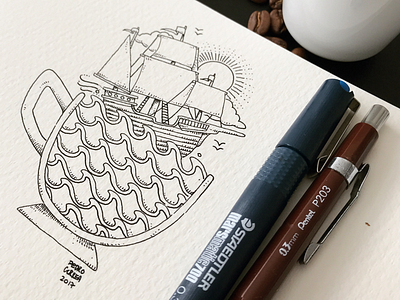One more cup of coffee art coffee doodle drawing handmade illustration ink moleskine ship sketch sketchbook