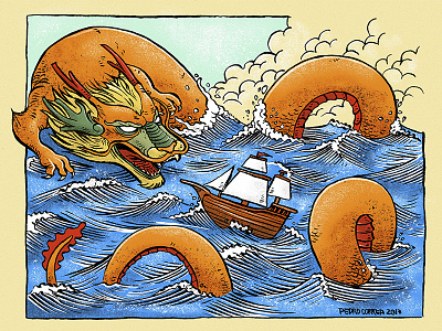 Sea Dragon (colors) chinese dragon creature dragon illustration monster ocean sea ship sketchbook waves