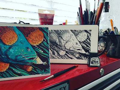 Colors and original drawing fish illustration ink sea sketchbook submarine